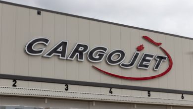 Cargojet label on airport hanger.