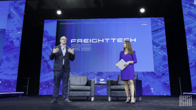 FreightWaves CEO and founder Craig Fuller presents the FreightTech 25 alongside Senior Meteorologist Kaylee Nix. (Photo: Jim Allen)