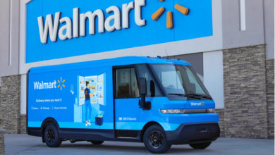 BrightDrop Walmart van outside a Walmart store