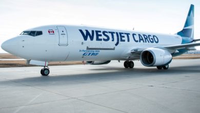 A white aircraft with teal logo WestJet Cargo sits on the tarmac.