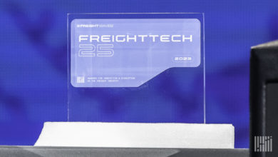 A 2023 FreightTech 25 trophy is seen on stage during the award ceremony in Chattanooga, Tenn., on Nov. 3.