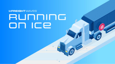 Blue Truck on a sheet of ice over a blue background and Running on Ice Logo