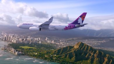 A white-and-purple Hawaiian Airlines jet with flower logo flies over green ocean and island.