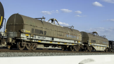 Two Norfolk Southern tank cars sit on rail track.