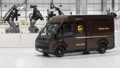 UPS mockup truck in front of robots