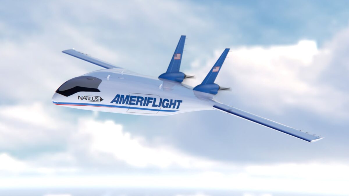 Computer generated image of a futuristic streamlined plane with two tails and rear propellers with logo Ameriflight on the side. Plane is in white clouds.