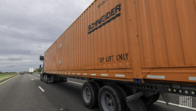 A Schneider truck and chassis hauling an orange Schneider intermodal container