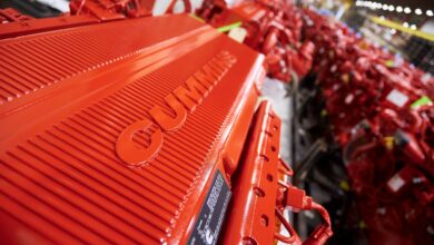 Red-painted Cummins engines on production line