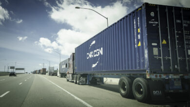 A line of loaded trucks waiting to enter Port of Los Angeles