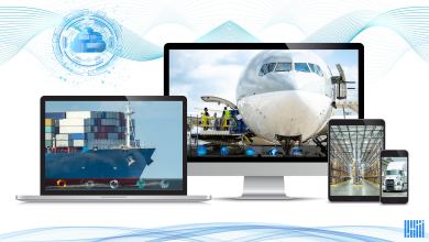 An image of computer screens with a cargo vessel, airliner and truck shown to depict freight technology.