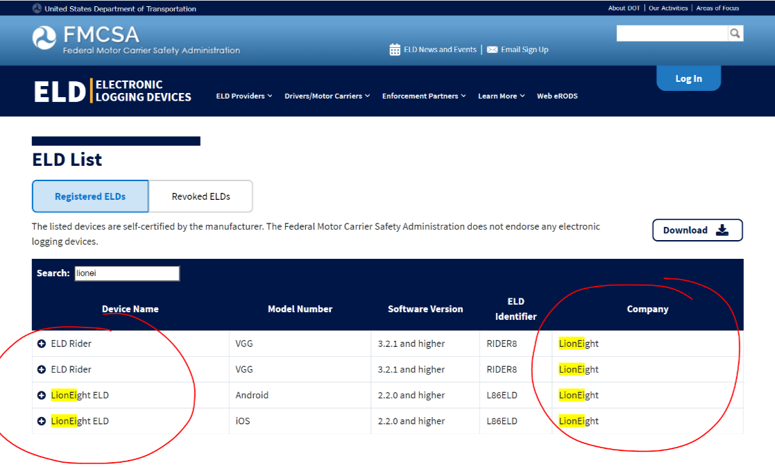 FMCSA ELD database doesn't reflect the alleged new owners of ELD Rider.