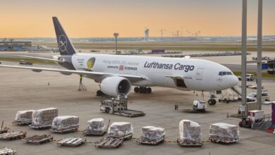 A white Lufthansa Cargo jet with blue tail and lettering sits on the tarmac at dawn surrounded by cargo containers.