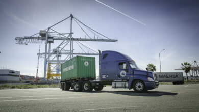 Trucks hauling containers at Port of L.A.