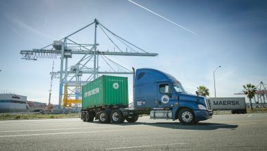 Trucks hauling containers at Port of L.A.
