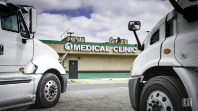 Trucks parked at drug test facilities.