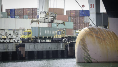 Containers being lifted at the Port of Los Angeles