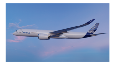 Rendering of a large jet with Airbus logo flying against blue sky.