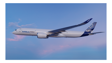 Rendering of a large jet with Airbus logo flying against blue sky.