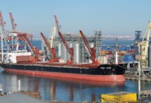 a photo of a ship loading Ukrainian grain