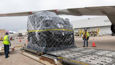 A large pallet, shrink-wrapped in black plastic rests on the tarmac under the wing of a plane.