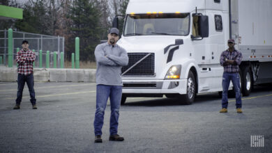 Drivers standing outside a truck,