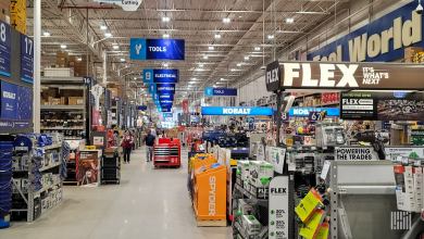A view of the aisle in a Lowe's retail store.
