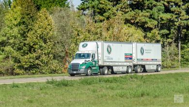 Old Dominion tractor pulling two LTL trailers