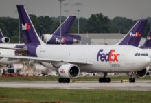 Several purple-tailed FedEx planes at an airport.