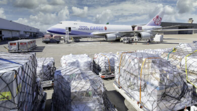 A China Cargo Airlines jumbo jet freighter with light blue and pink trim parked at an airport with cargo pallets in the foreground.