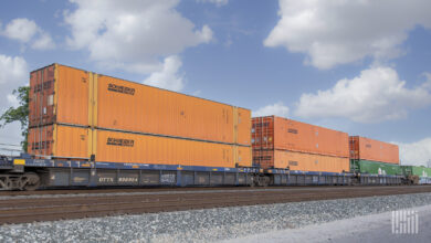 Orange Schneider intermodal containers on a well car