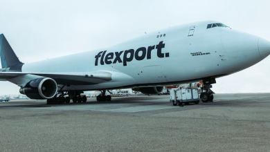 Photo of a white 747 jet with a blue tail and Flexport logo.