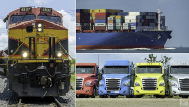 Locomotive, containership, trucks.