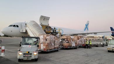 A Global X standard freighter unloads pallets of cargo at an airport.