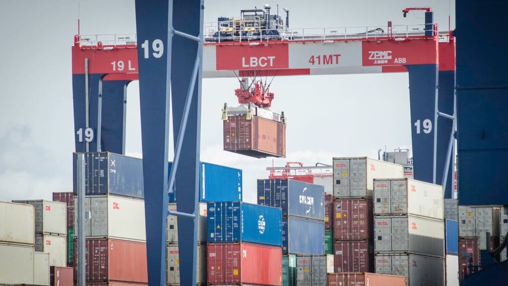 Containers being lifted at the Port of Los Angeles