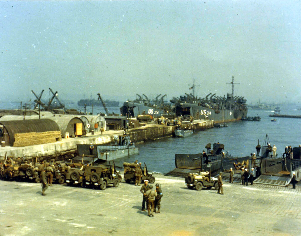 Tanks loaded with artillery equipment for storming of Normandy, France