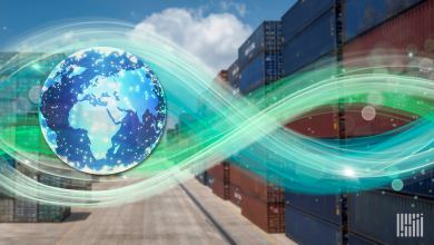 Image of depicting virtual river flows of info around a globe with containers.
