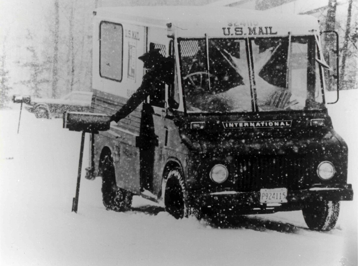 mail truck transport in 1954 vintage snow fall