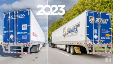 A split image with U.S. Xpress and Knight-Swift tractor-trailers