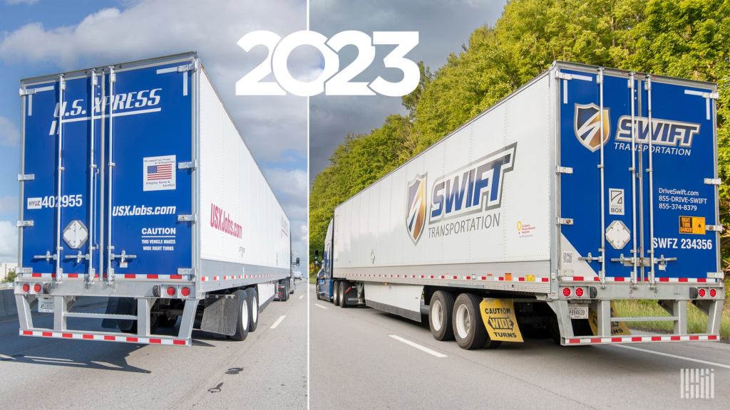 A split image with U.S. Xpress and Knight-Swift tractor-trailers