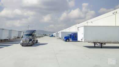 Trucks and trailers at a warehouse