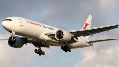 A China Cargo Airlines plane on final approach to airport.