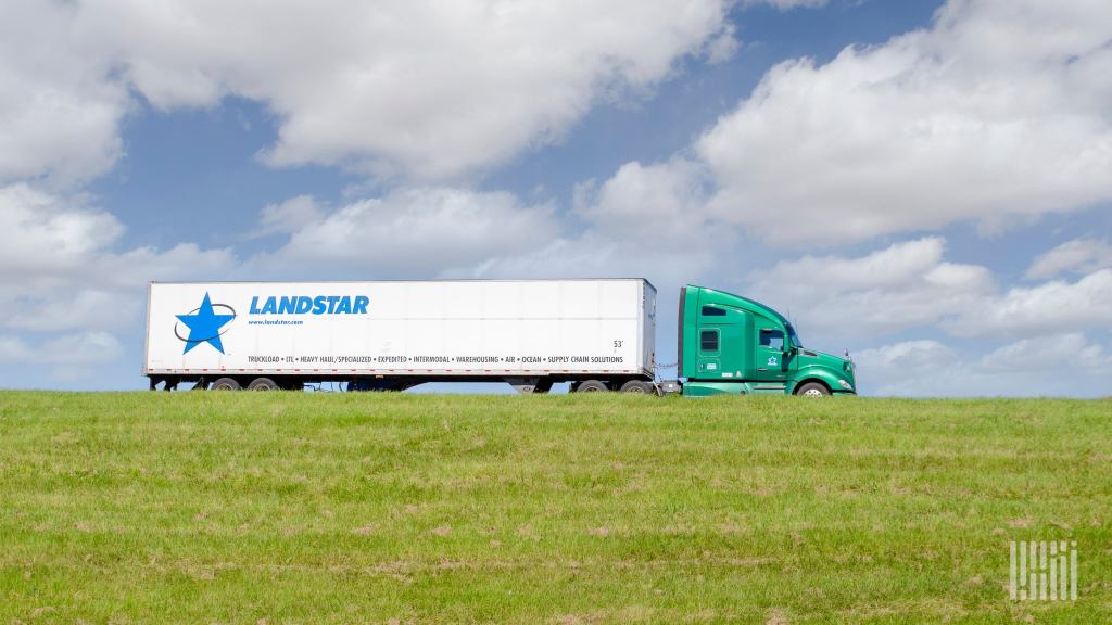 A green tractor pulling a white Landstar trailer