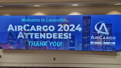 Blue sign for AirCargo 2024 conference