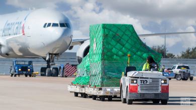 An airport tug pulls a flat trailer with a container draped in green plastic.