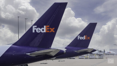 Close up of purple tails on FedEx jets.