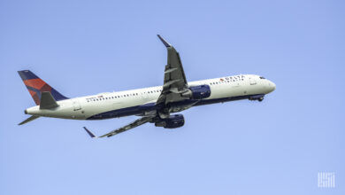 Blue-tailed Delta jet rises into a blue sky.