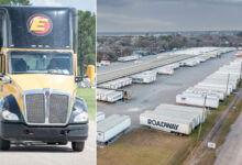 A split screen with Estes tractors and a YRC terminal