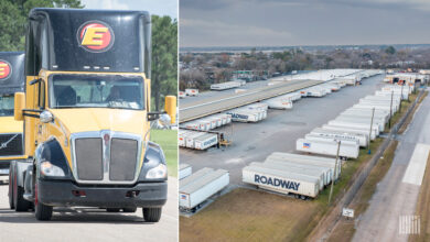 A split screen with Estes tractors and a YRC terminal