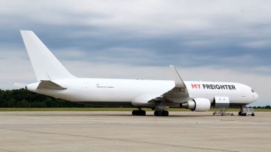 A white My Freighter freighter on the tarmac on a cloudy day.