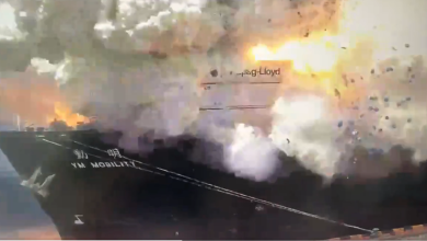 Screengrab from video showing explosion aboard container ship.